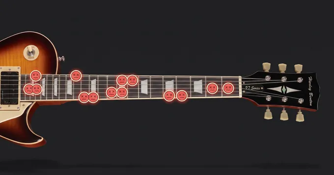 The neck of the Harley Benton SC-450 Plus from this article on a dark background; each dead note from the scan is marked with a small red x_x face at its own string and fret.