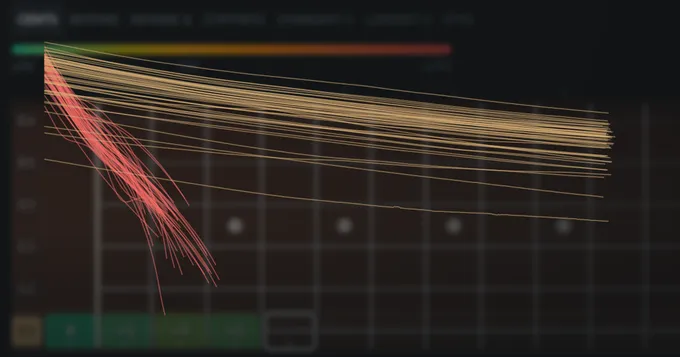 Over a blurred screenshot of the Fretboard Scanner, the fundamental of 50 plucks of the open low E (long, gently falling amber lines that start at different levels) and of 50 plucks of a dead note on the high E string (short, steep red lines), all on one time axis.
