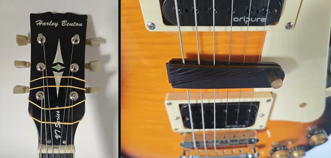 Left: rubber bands woven through the string ends on the SC-450’s headstock, between the nut and the tuners. Right: a felt-lined string damper clamped on the strings between the two pickups