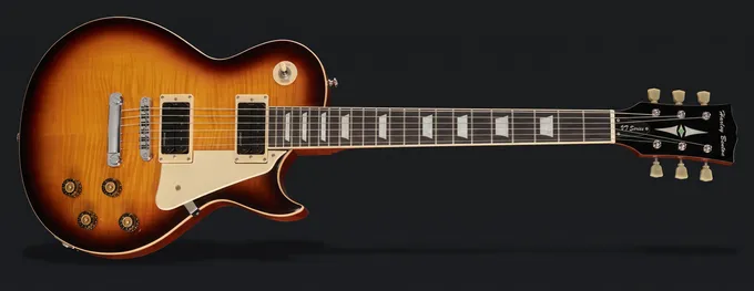 A Harley Benton SC-450 Plus single-cut electric guitar with a sunburst flame top, lying horizontally on a dark background, body on the left and headstock on the right